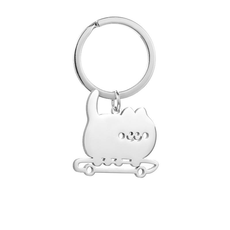 Gold Silver Black White Splicing Cat Stainless Steel Keychain Cute Cartoon Design Fashion Couple Pendant Practical Backpack Decoration