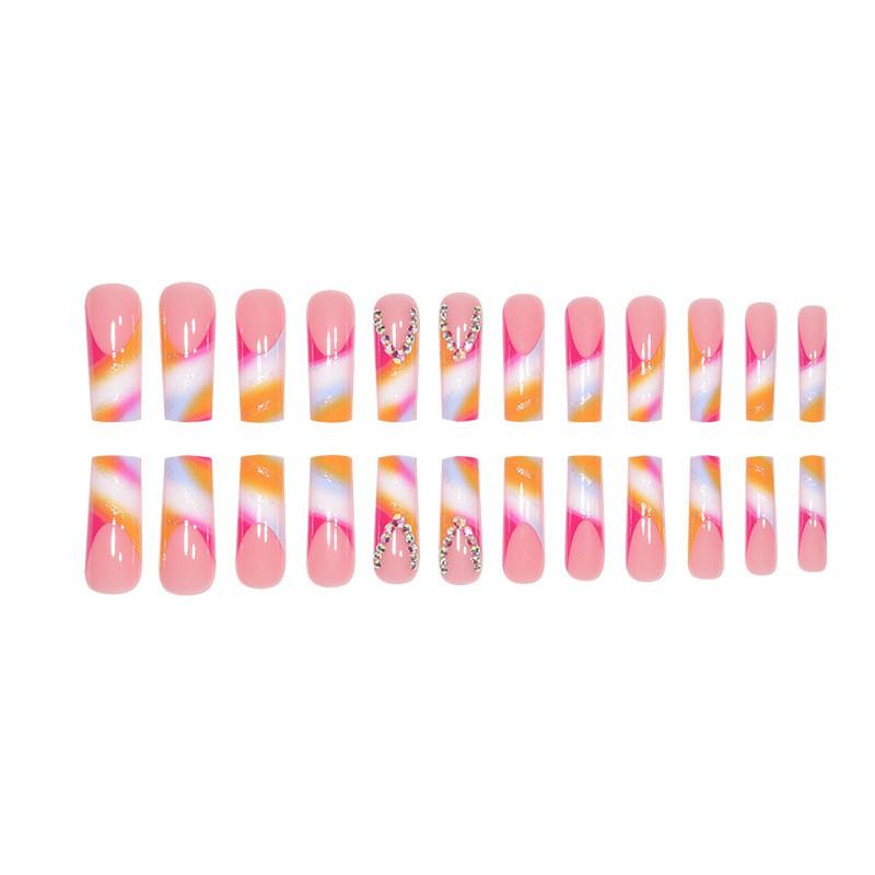 French Style Gradient Press-On Nails With Crushed Glitter Rhinestones Long Wearable Artificial Nail Tips
