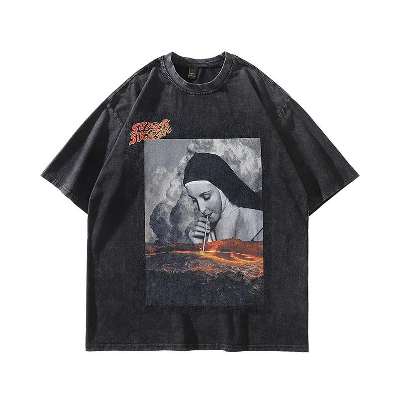 American High Street Retro Heavy Cotton Direct Injection Printing Small Neckline Short-Sleeved T-Shirt Street Trendy Brand Half-Sleeved Tee