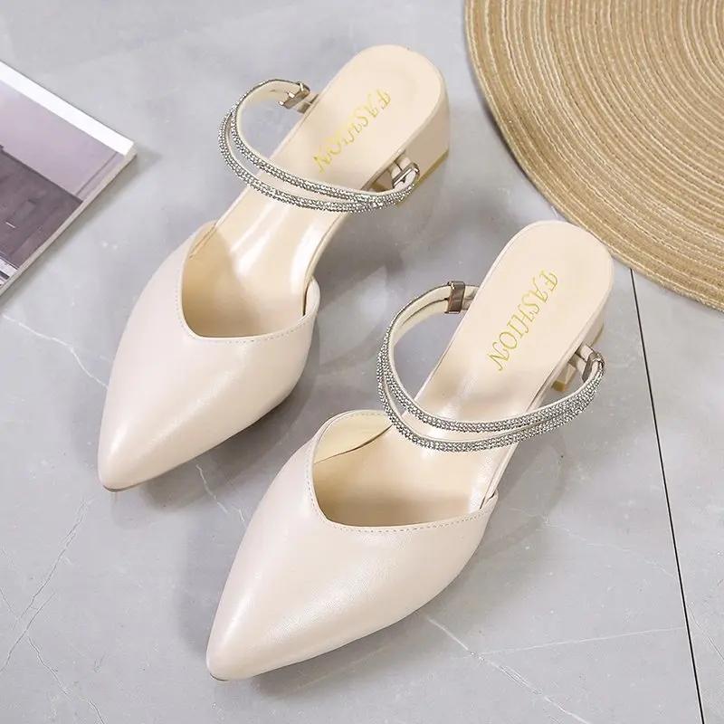Fashion 2025Summer Korean Version Fashion Rhinestone Toe Slippers Thick-heeled Pointed Women's New Hot Hong Kong Style Two-wear Sandals