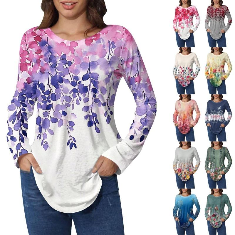 Shirts for Women Cute Vintage Pattern Print T-Shirt Long Sleeve Tunic Tops Cotton Pullovers T-Shirts Women’s
