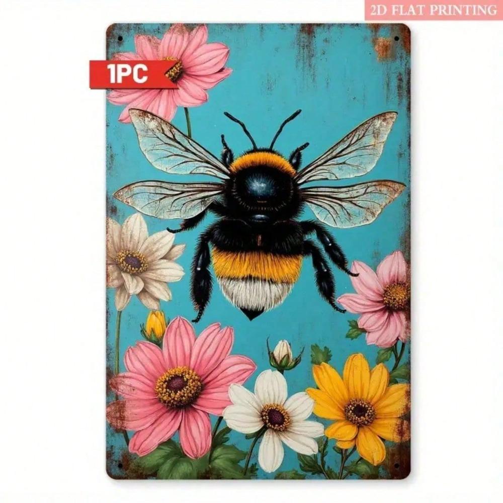 2D Retro Metal Foil Sign, Vintage Bees & Floral Wall Art, Turquoise & Pink Rustic Cottage Decor, Country Bee Design
