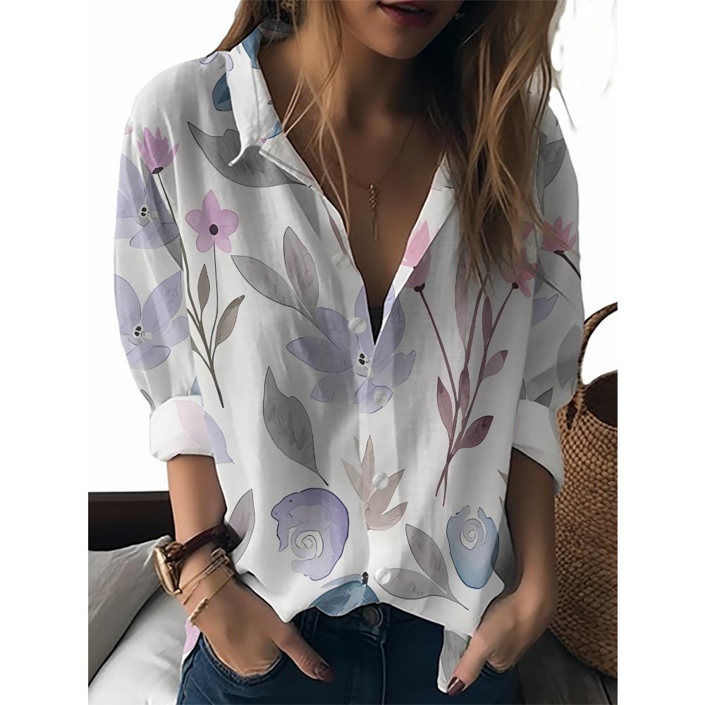 Sommer Minimalistisches Hemd mit Digitalem Blumenprint Knopfleistenhemd Oberteil für Damen Hawaiianischer Strandurlaub Lässiges Hemd