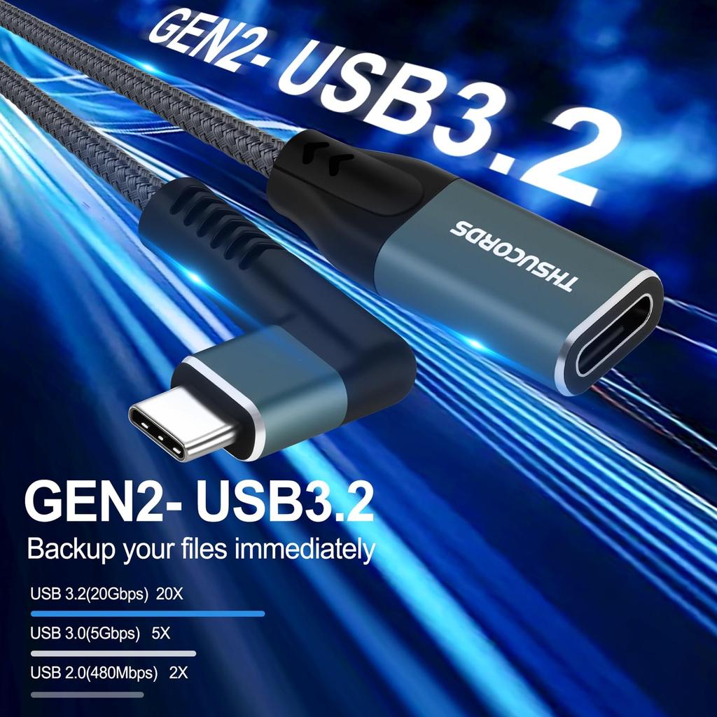 Thsucords USB C Extension Cable Type C 90 Degree Right Angle Extension Cord USB Male to Female for MacBook Dell Laptops 0.1M 3.2 (20Gbps) Pro, XPS,