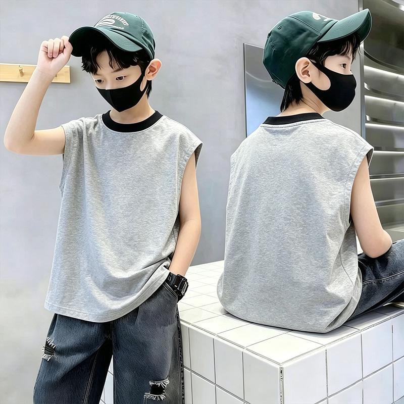Boys' Color Block Cotton Vest T-Shirt - Summer 2026 Casual Sleeveless Top for Medium & Large Sizes