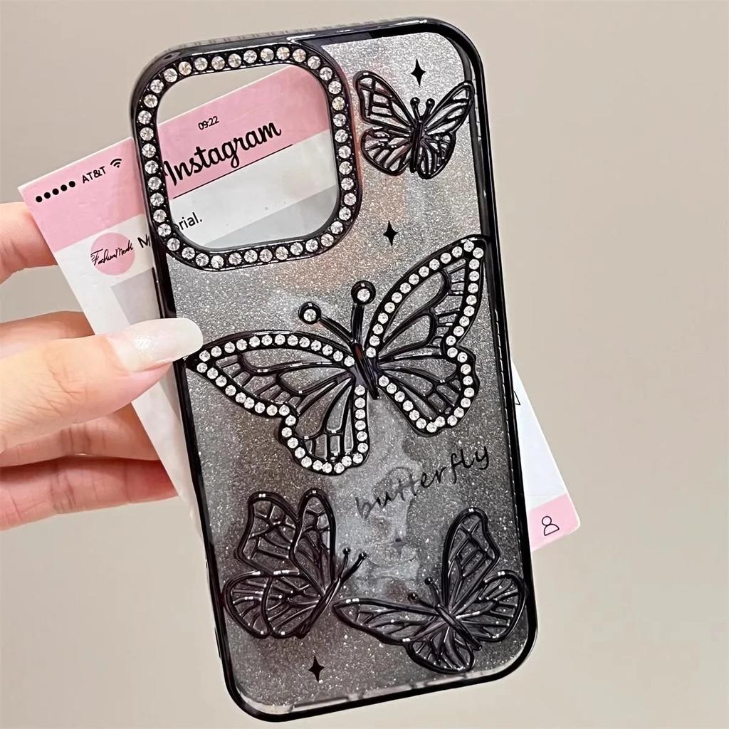 Women Girl's Diamond Butterfly Phone Case for iPhone 17 16 Pro Max 11 12 13 14 15 Plus Transparent Plating Soft Silicone Cover