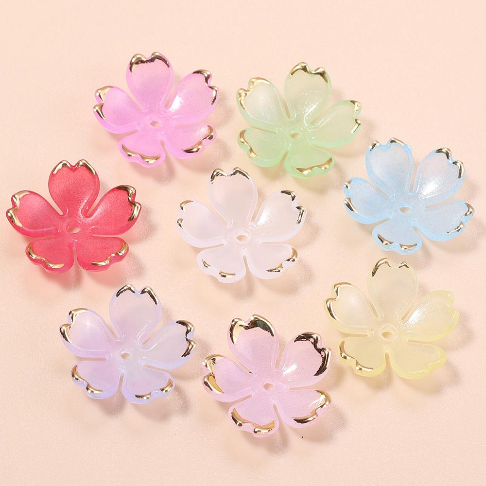 50pcs/lot Colorful Cherry Blossom Acrylic Beads Golden Brushed Patter Petals Charm Connectors For Jewelry Making DIY Acessories