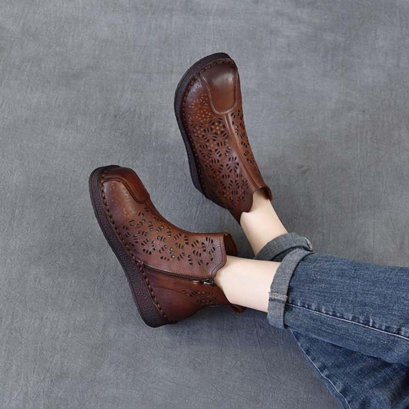 Johnature Ethnic Style Retro Soft Soled Hollow Out Boots Versatile Genuine Leather Flat Women's Sandals