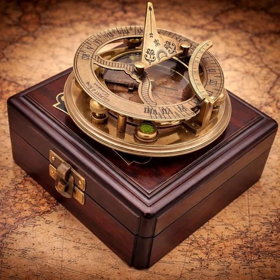 Brass Sundial Compass with Wooden Box Nautical Desk Decor Maritime Explorer Gift
