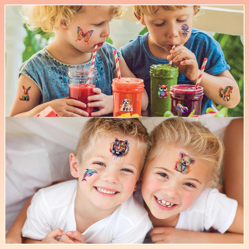 Individually Wrapped Watercolor Animals Temporary Tattoo Stickers Cute Kids Body Arm Shoulder Decor for Boys Girls Birthday