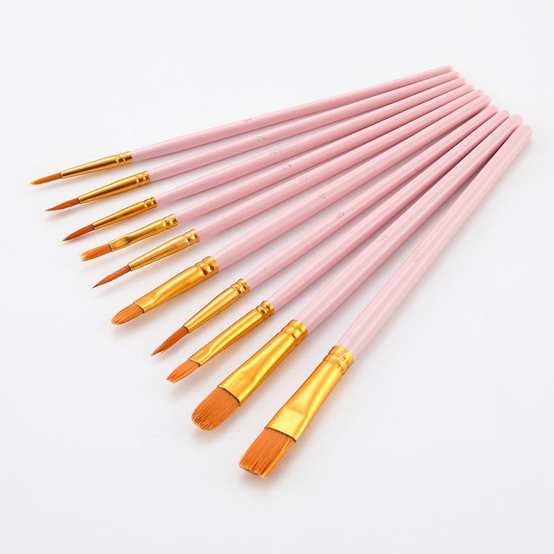 10 Nylon Brush Sets, Wooden Poles, Watercolor Paint, Oil Painting Brushes, Student Art Painting Brushes