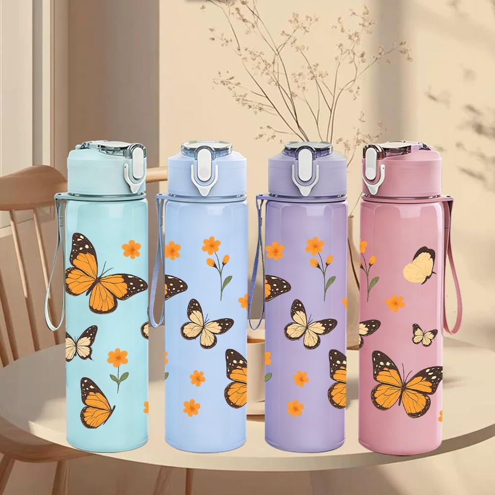1PC Orange Butterfly Group Print 750ml Color Plastic Sports Water Bottle Leakproof Flip Straw Lid Suitable for Sports Office Home Use