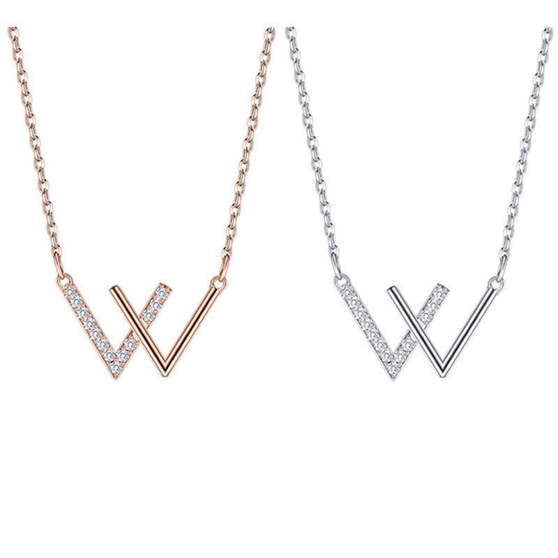 Korean Version of Fashion Double V Necklace Women's Diamond W Letter Collarbone Neck Chain Trendy Fashion Jewelry