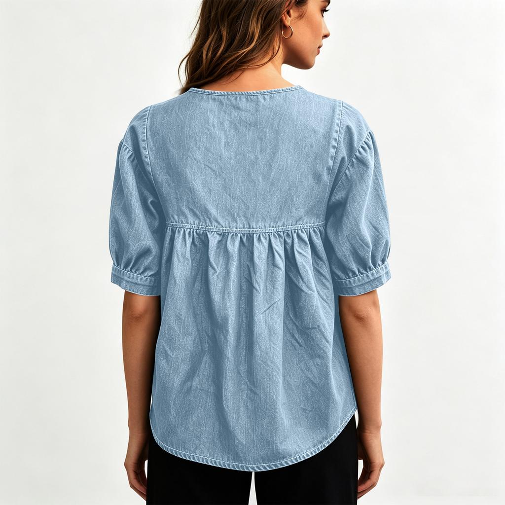 Damen Jeans Spitzen Patchwork Hemd Quadratischer Ausschnitt Halbe Ärmel Lässige Lockere Passform Bluse Leichtes Atmungsaktives Gewebe