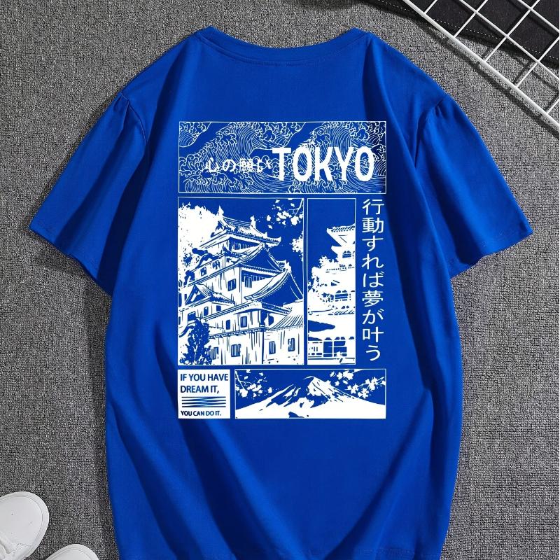 Men's Casual Versatile Letter and Landscape Print Round Neck Short Sleeve T-Shirt, Summer Outdoor Sports Short Sleeve