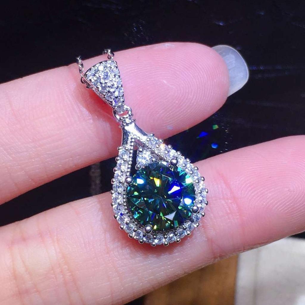 Teardrop Green Faceted Stone Double Halo Cluster Bail Pendant Women Luxury Neck Jewelry