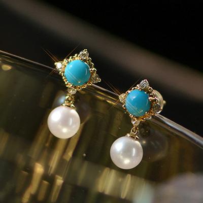 Huitan Bohemia Blue Stone Dangle Earrings with Imitation Pearl Chic Accessories for Women Daily Wear Vocation Sea Female