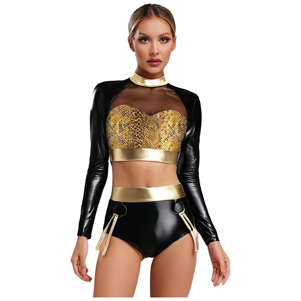Womens Metallic Shiny Clubwear Outfits Snakeskin Pattern Print Long Sleeve Crop Tops+High Waist Shorts for Raves Disco Dance Top