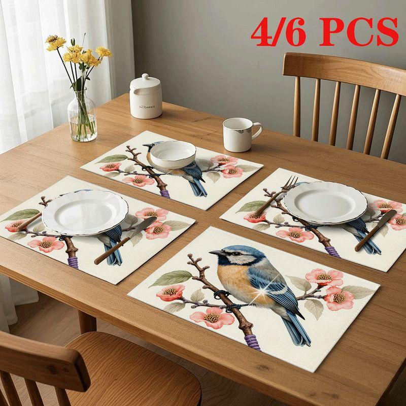 4pcs/6pcs Rectangular Placemats Suitable for Home & Restaurants - Blue Tit Bird Floral Table Mats with Branch Design, Heat-Resistant Durable, Easy-to-