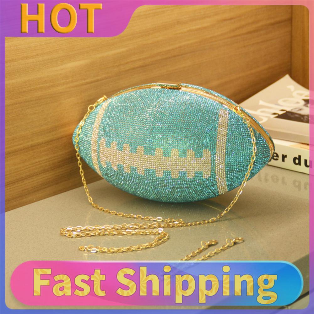 Football Shape Fashion Handbag Large Capacity Rhinestone Bling Purse with Shoulder Chain Shiny Diamond Purse Trendy Carrying Bag