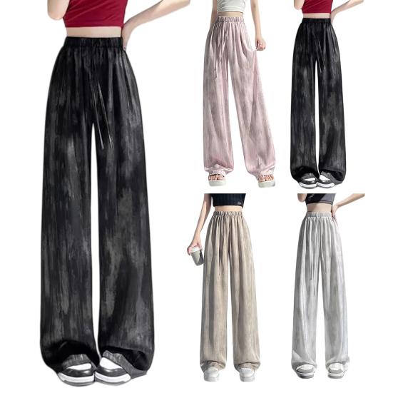 Women Pants Elastic High Waist Adjustable Drawstring Wide Leg Trousers Tie Dye Print Summer