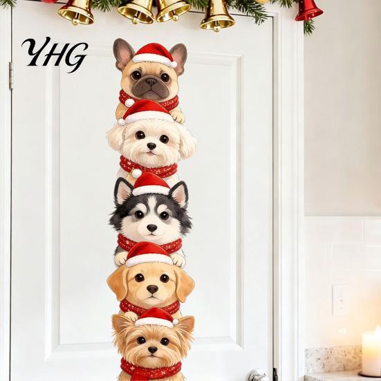 Cute Santa Dog Room Decor Christmas Puppy Wall Stickers, Removable Self-adhesive Decals for Walls Doors, PVC Stacked Puppies Self-Adhesive Art
