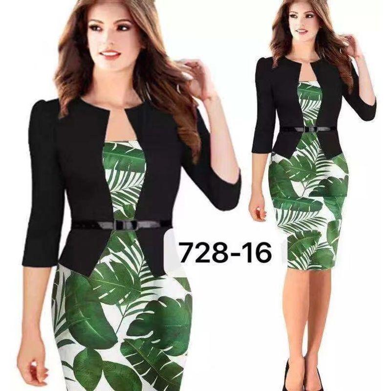 

New Arrival Fashion Print False Two-Piece Patchwork Sheath Pencil Skirt Plus Size Dress 728-15 XL