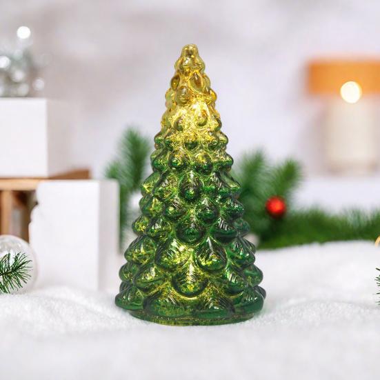 Glass Christmas Tree Ornament with Timer LED Glow Battery Operated Holiday Ambiance Light Seasonal Home Decor
