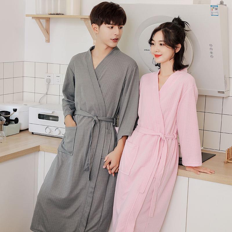 Unisex Waffle Weave Bathrobe: Lightweight, Water-Absorbent Yukata-Style Nightgown for Spring, Summer, and Autumn