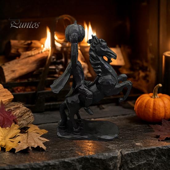 Resin Horse with Pumpkin Headless Horseman Holding Statue, Matte Black Halloween Figurine, Unique Dark Atmosphere Ornaments Gothic Tabletop Decor for