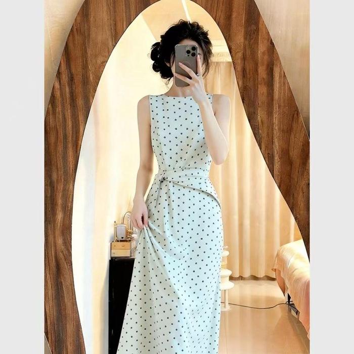 Korean Polka Dot Sleeveless Vest Dress, High-end Temperament, Women's Summer Temperament, Waist and Thin H-shaped Long Dress Wholesale