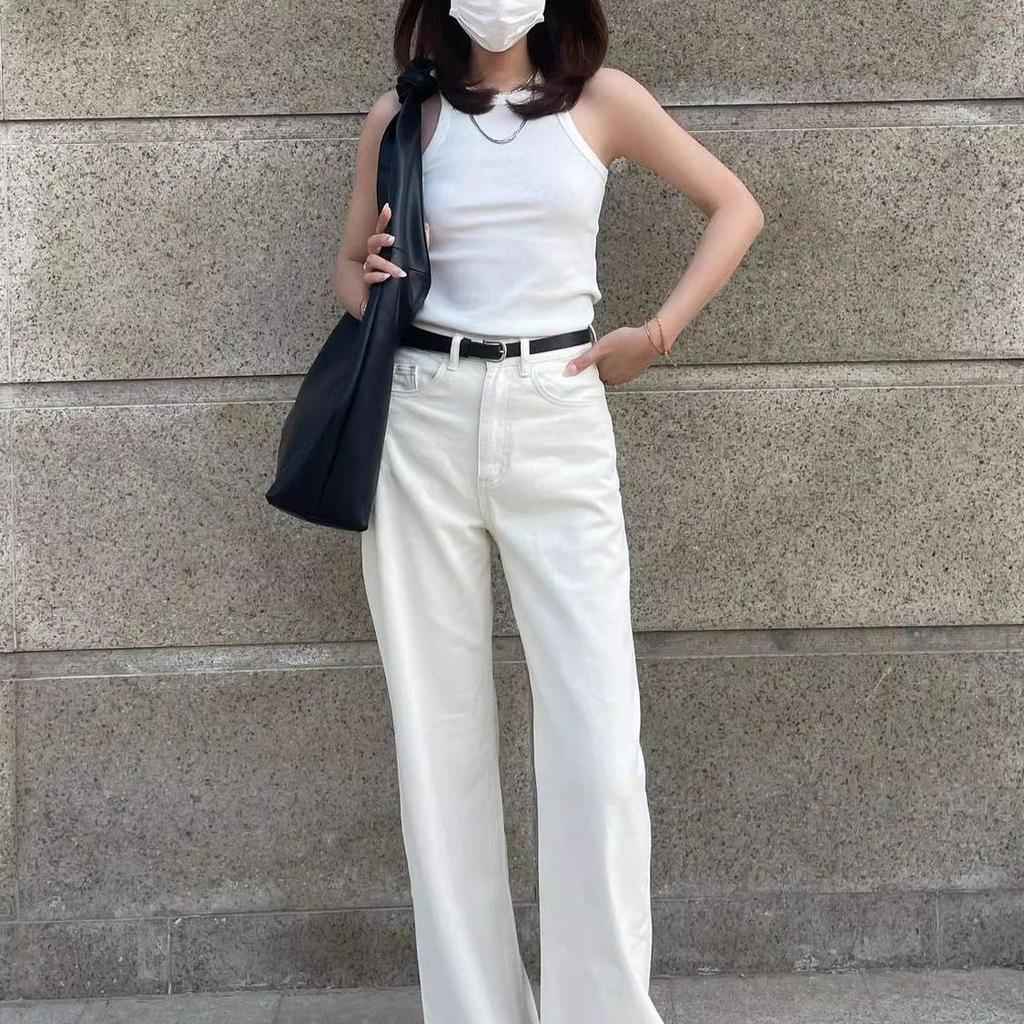 White Drapey Loose Fit Women's Jeans - New 2026 Korean Style, Straight Wide Leg, Thin Spring/Summer.