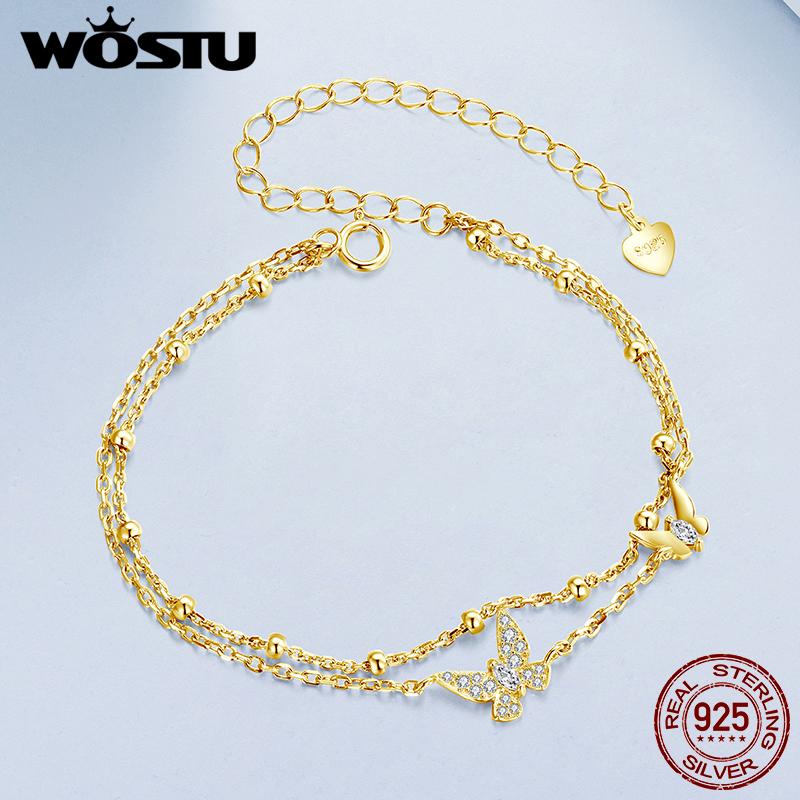 WOSTU 925 Sterling Silver Cubic Zirconia CZ Bridal Butterfly Adjustable Bracelet for Women Double Layer Butterfly Charm Bracelet
