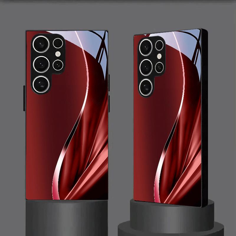 Vivid Crimson Silvery Arc Ultimate Luxury Tempered Glass Phone Case for Samsung GalaxyS26  S25 S24 S23 S22 S21 S20 Note