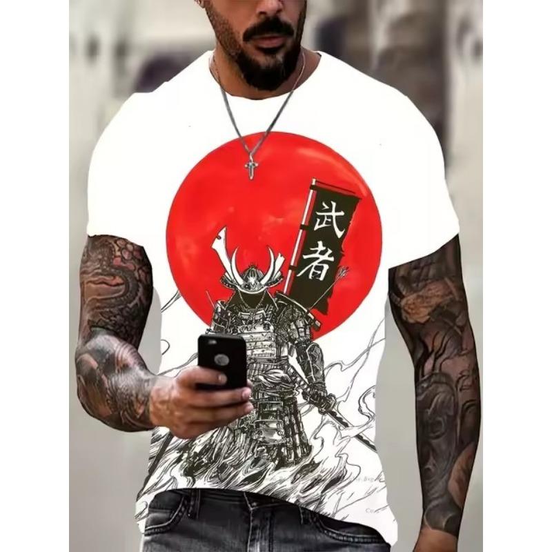 Übergröße Herrenmode Samurai Grafik T-Shirt, 3D Druck Trendy Stylisches Oberteil, Reifer & Eleganter Stil