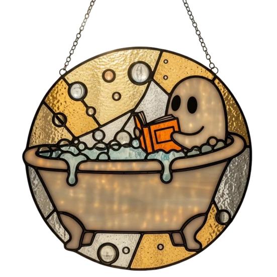 Ozdoby Duch čtenář při koupeli Roztomilý duch ve vaně čtoucí knihu Akrylový lapač slunce Halloweenská koupelna Okenní závěsná dekorace