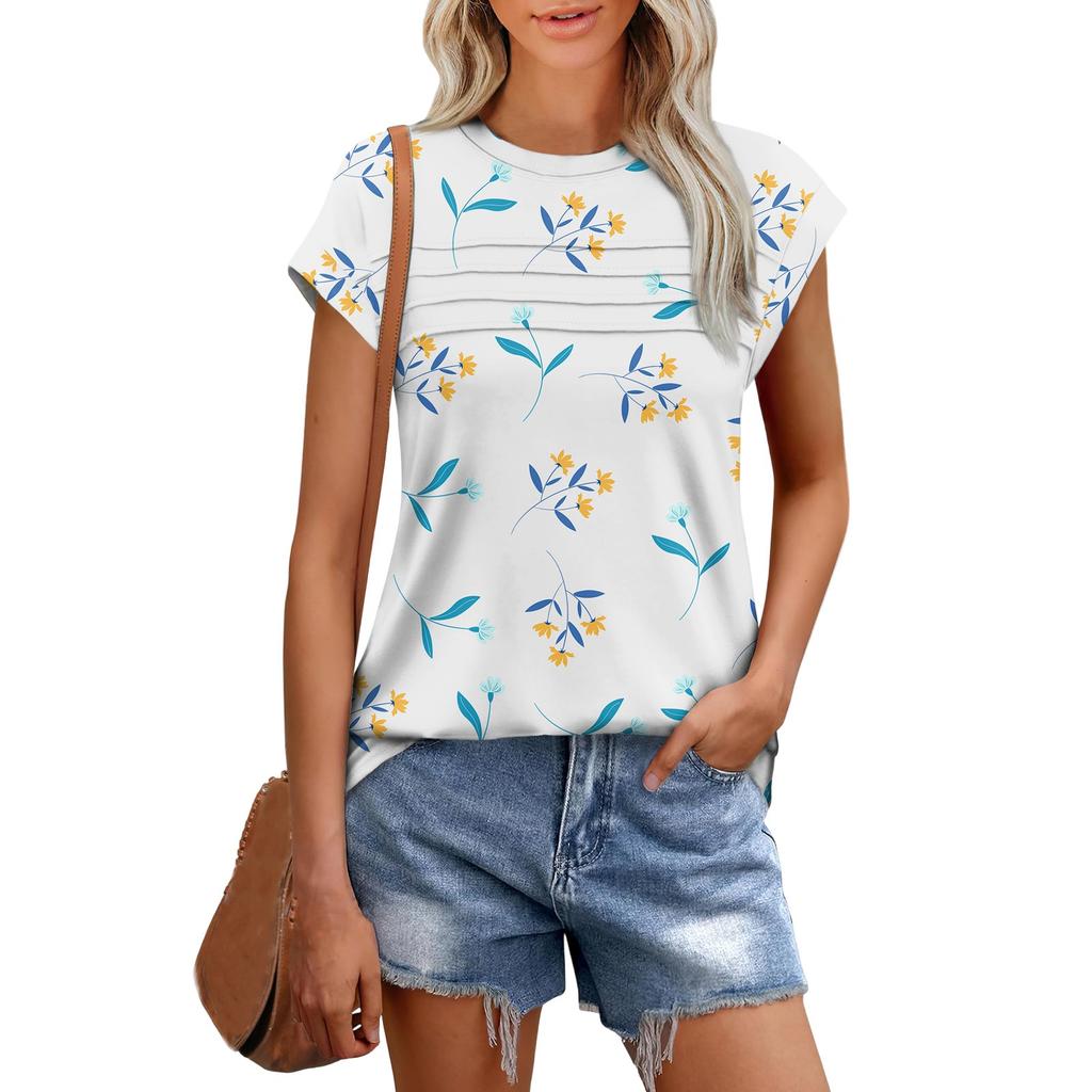 Damesmode Casual Basic Textuur Bloemenprint Ronde Hals Korte Mouwen Top met Kapmouwtjes