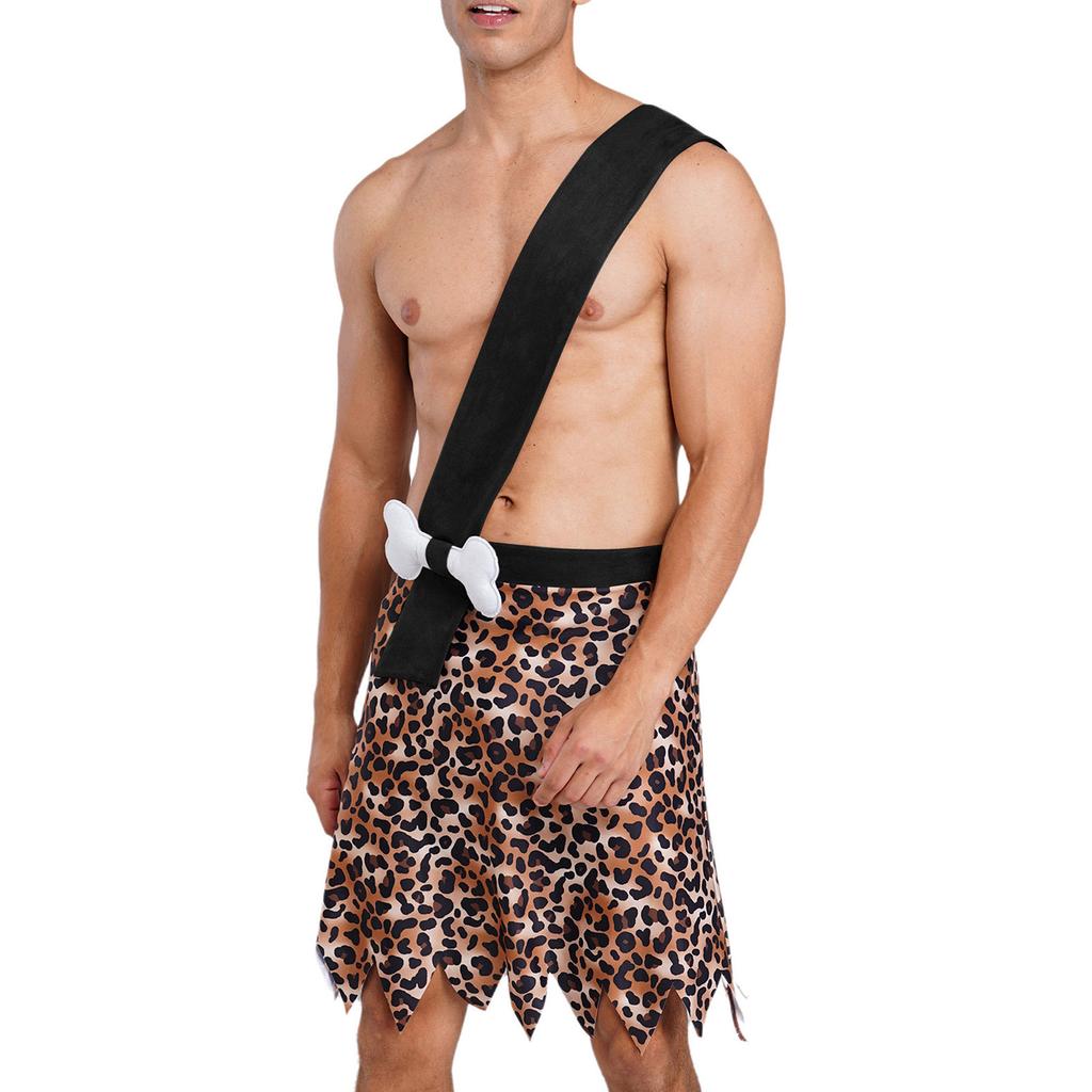 Men Caveman Halloween Costume One Shoulder Strap Leopard Print Skirt with Stuffed Bone Waist Decor and Irregular Trim for Party Night