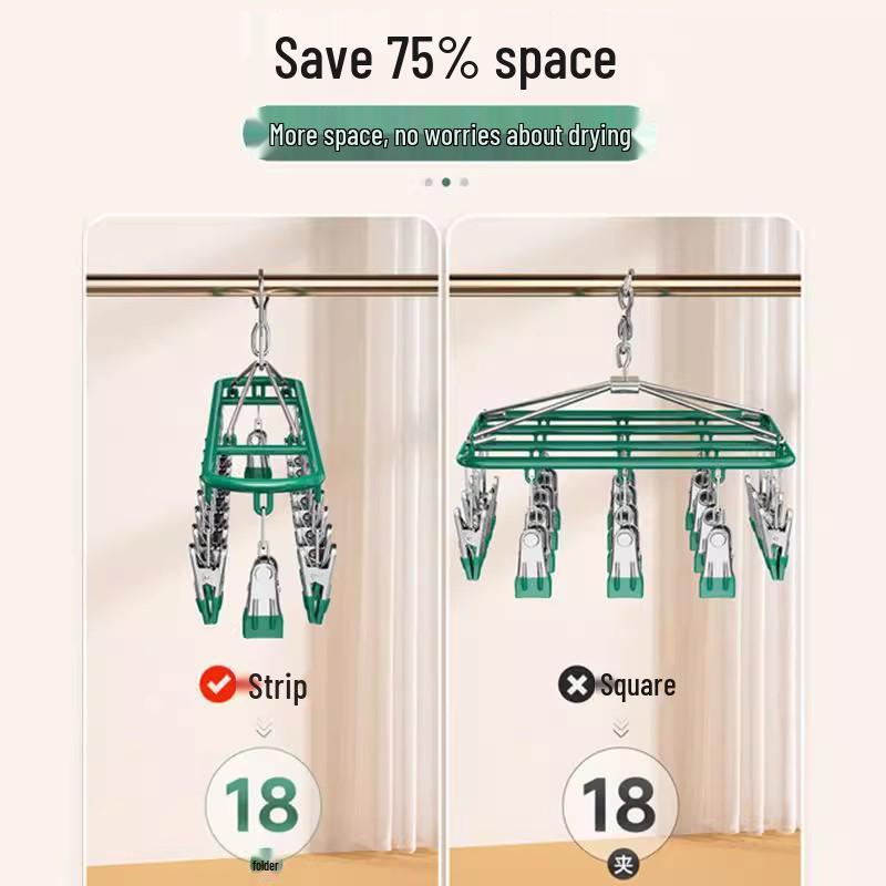 Multi-Functional Stainless Steel 18-Clip Sock Drying Rack with Windproof Hook for Balcony Use