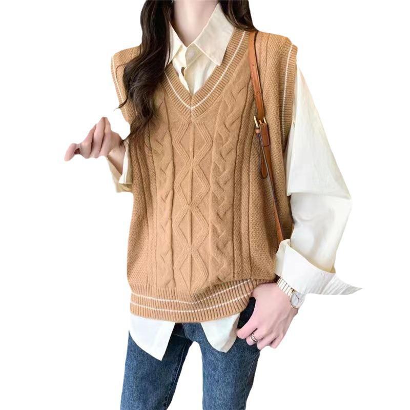 Women's Loose V-Neck Knitted Vest - Japanese Lazy Style, Age-Reducing Sleeveless Sweater for JK Uniforms