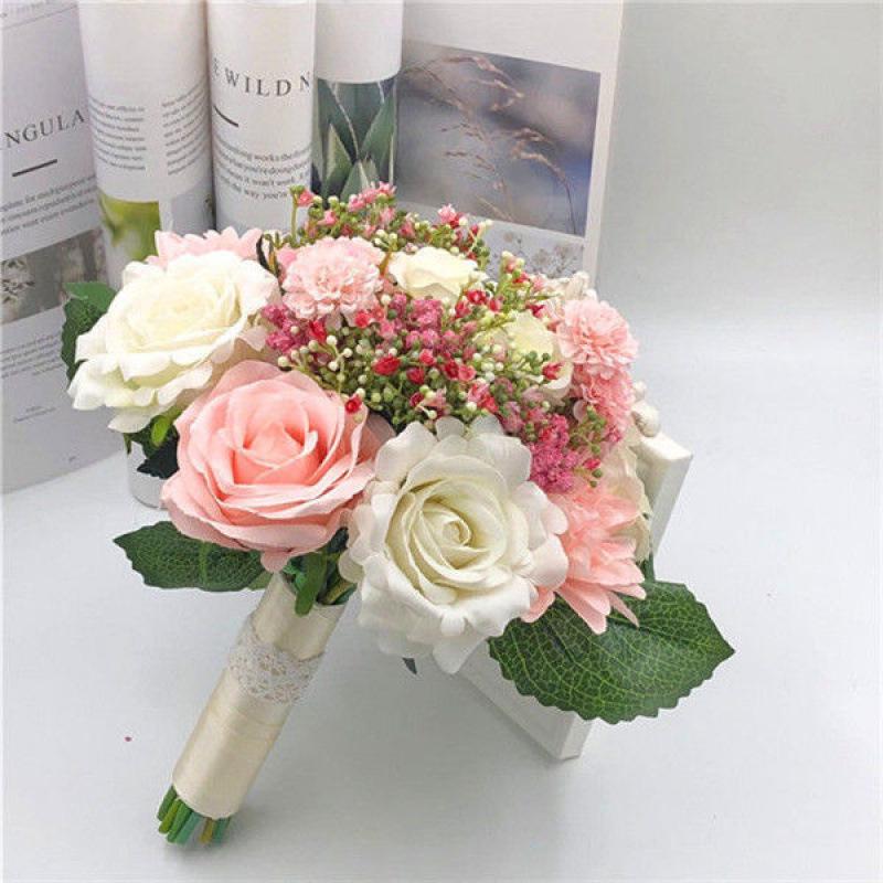 European Style Bridal Bouquet with Small Roses - Pink & White