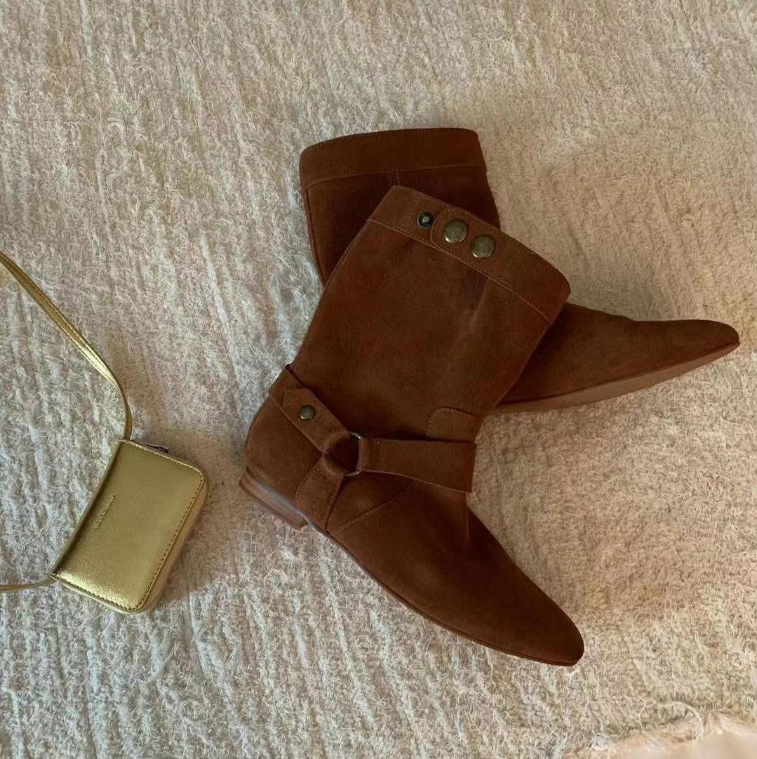 

Sheepskin version~ British style rivet leather cowboy western boots women s wide boots pointed flat bottom Martin boots small short boots 40 темно-коричневого