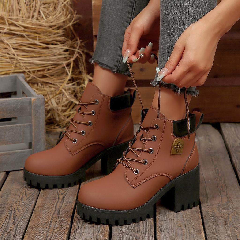 2025 New Short Heel Elegant Women's Lace-up Non-Slip Ankle Boots