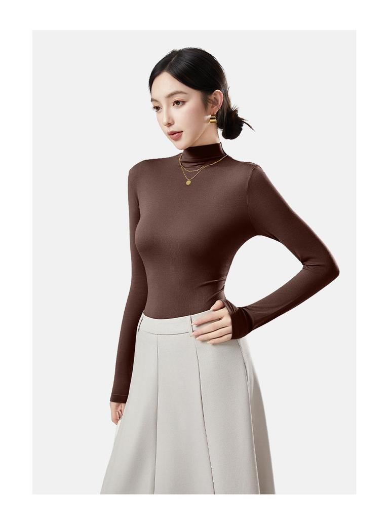 Women's Wool Semi-High Neck Long Sleeve Top - Antibacterial, Slimming, Warm, Versatile for Autumn and Winter