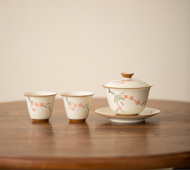 120ml Hand-painted Persimmon Bamboo Cover Bowl Household Anti Scald Gaiwan Handmade Tea Tureen Tea Making Tea Cup Tea Items