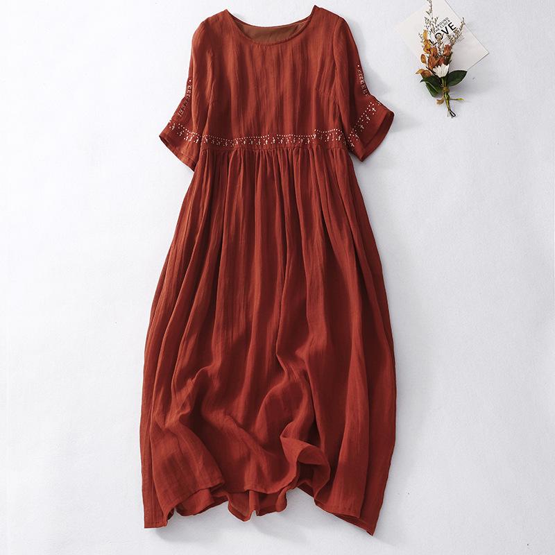 2025 Summer Women's Plus Size Ramie Embroidered Loose Retro Dress (Unlined)