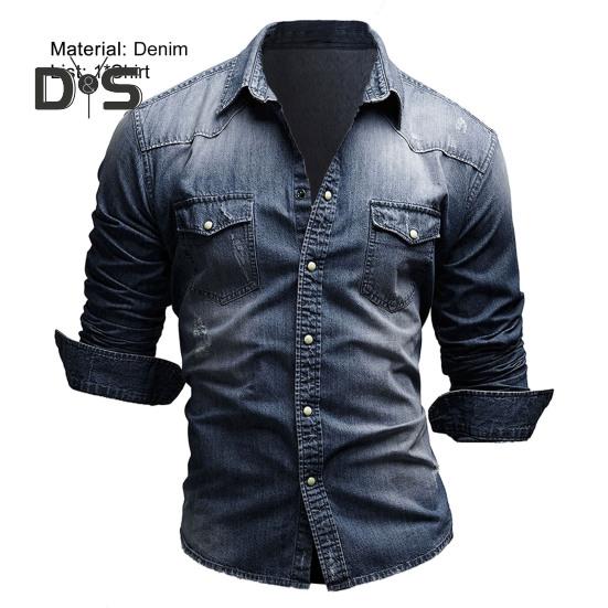 Buy Men Shirt Denim Solid Color Slim 