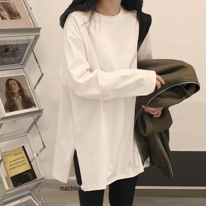 White Long-Sleeve Cotton Sweater Tunic for Women - Mid-Length, Velvet-Lined, Butt-Covering. Perfect Autumn/Winter Layer.