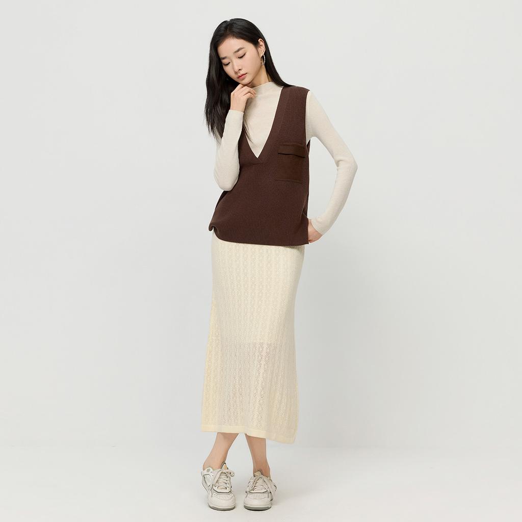 Fashionable and elegant style hollow lace texture skirt for women in spring and autumn, solid color versatile, soft and comfortable long skirt