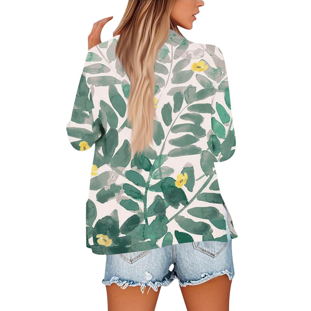 Women's Loose Floral Print Stand Collar Long Sleeve Cotton And Linen Top